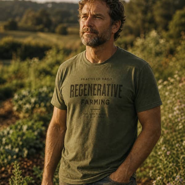 Regenerative Farming organic cotton t-shirt worn by man in a regenerative farm field at golden hour