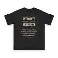 Don't Segregate permaculture design featuring Integrate Rather Than Segregate and John Muir quote on black organic cotton t-shirt by Emogine — GOTS-certified regenerative agriculture apparel