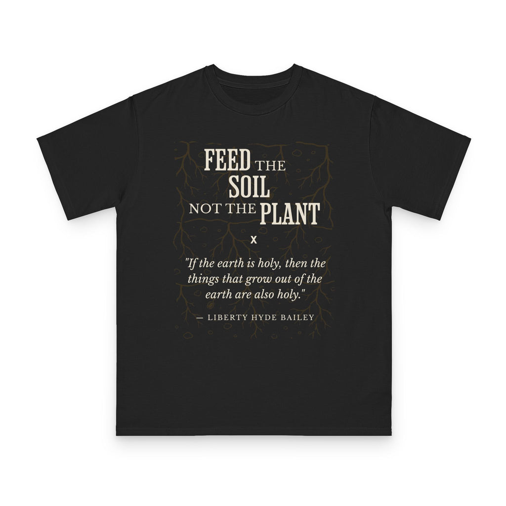 Feed the Soil design on black organic cotton t-shirt by Emogine — GOTS-certified regenerative agriculture apparel