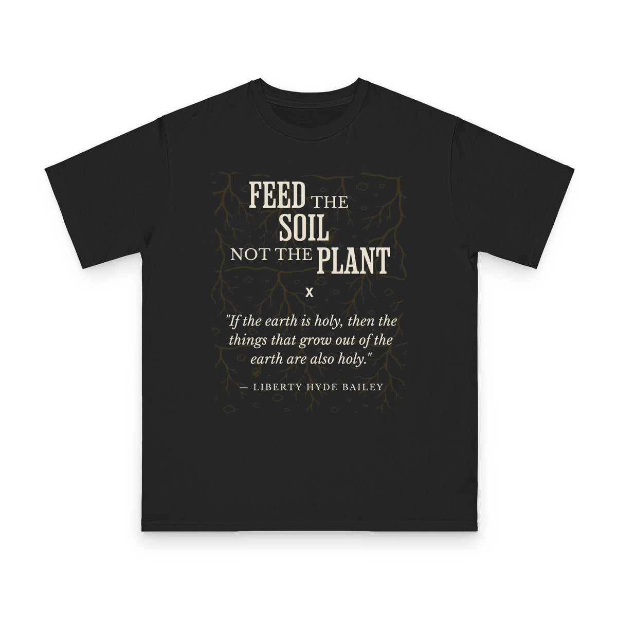 Feed the Soil design on black organic cotton t-shirt by Emogine — GOTS-certified regenerative agriculture apparel