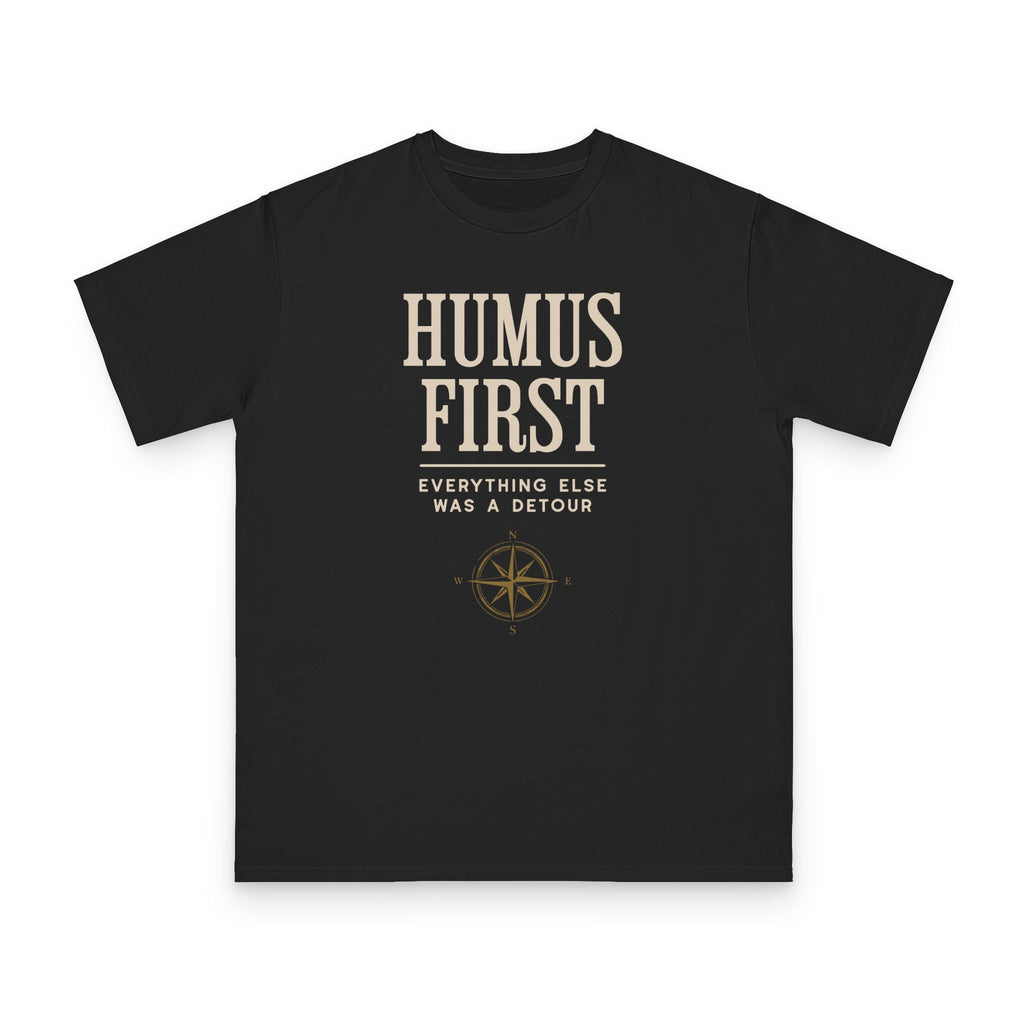 Humus First design on black organic cotton t-shirt by Emogine — GOTS-certified regenerative agriculture apparel