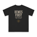 Humus First design on black organic cotton t-shirt by Emogine — GOTS-certified regenerative agriculture apparel