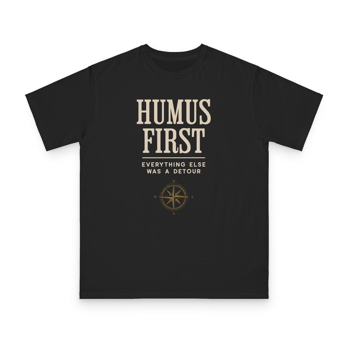Humus First design on black organic cotton t-shirt by Emogine — GOTS-certified regenerative agriculture apparel