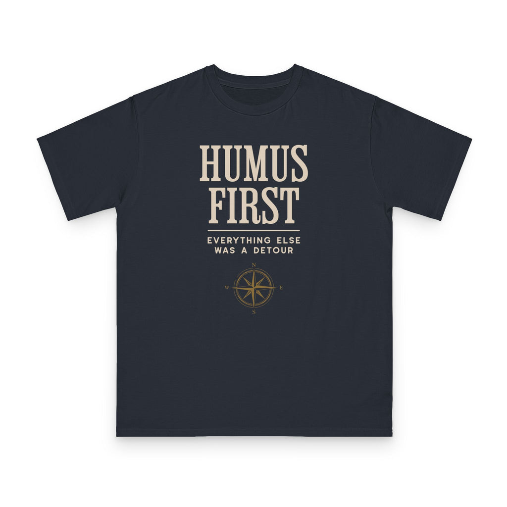 Humus First design on navy organic cotton t-shirt by Emogine — GOTS-certified regenerative agriculture apparel