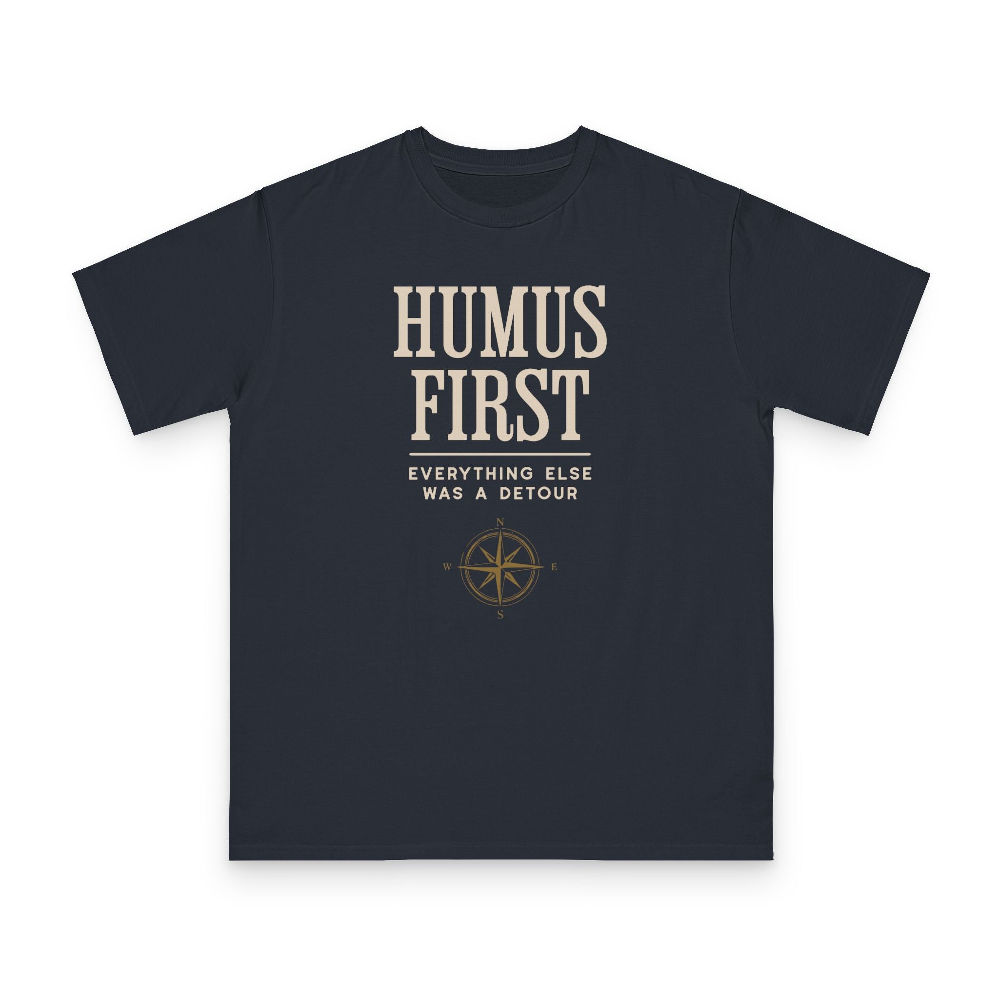 Humus First design on navy organic cotton t-shirt by Emogine — GOTS-certified regenerative agriculture apparel