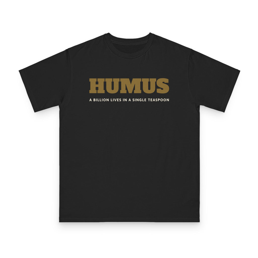 Humus Microbiology design on black organic cotton t-shirt by Emogine — GOTS-certified regenerative agriculture apparel
