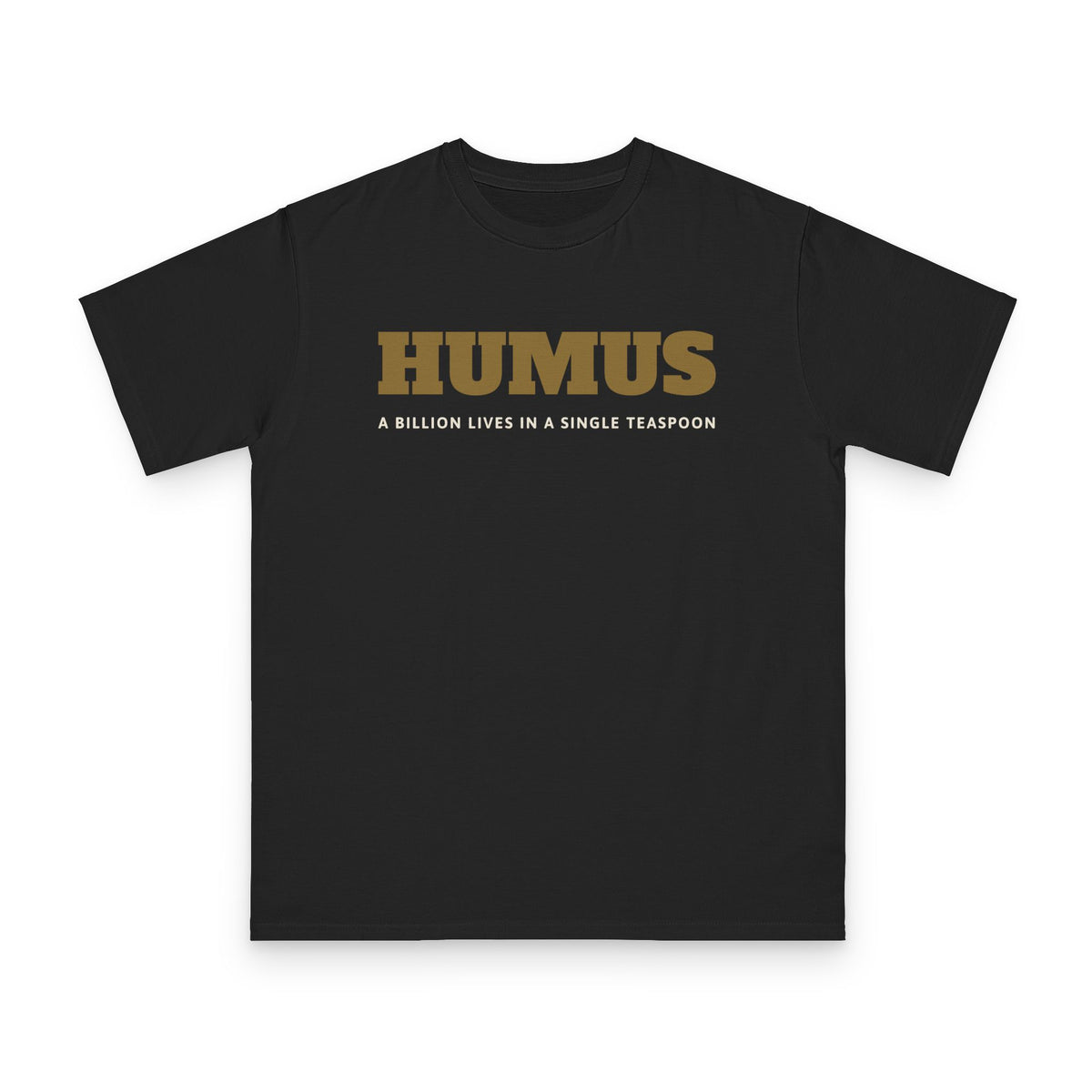 Humus Microbiology design on black organic cotton t-shirt by Emogine — GOTS-certified regenerative agriculture apparel