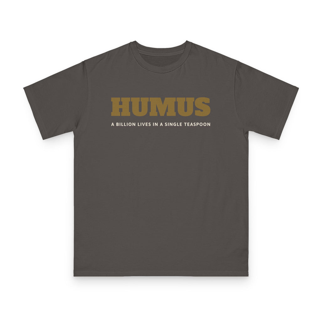 Humus Microbiology design on grey organic cotton t-shirt by Emogine — GOTS-certified regenerative agriculture apparel