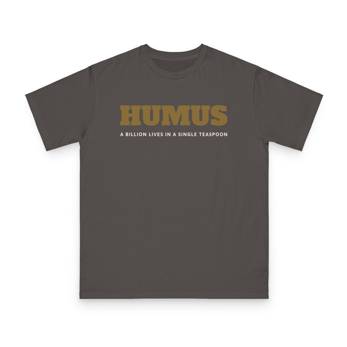 Humus Microbiology design on grey organic cotton t-shirt by Emogine — GOTS-certified regenerative agriculture apparel