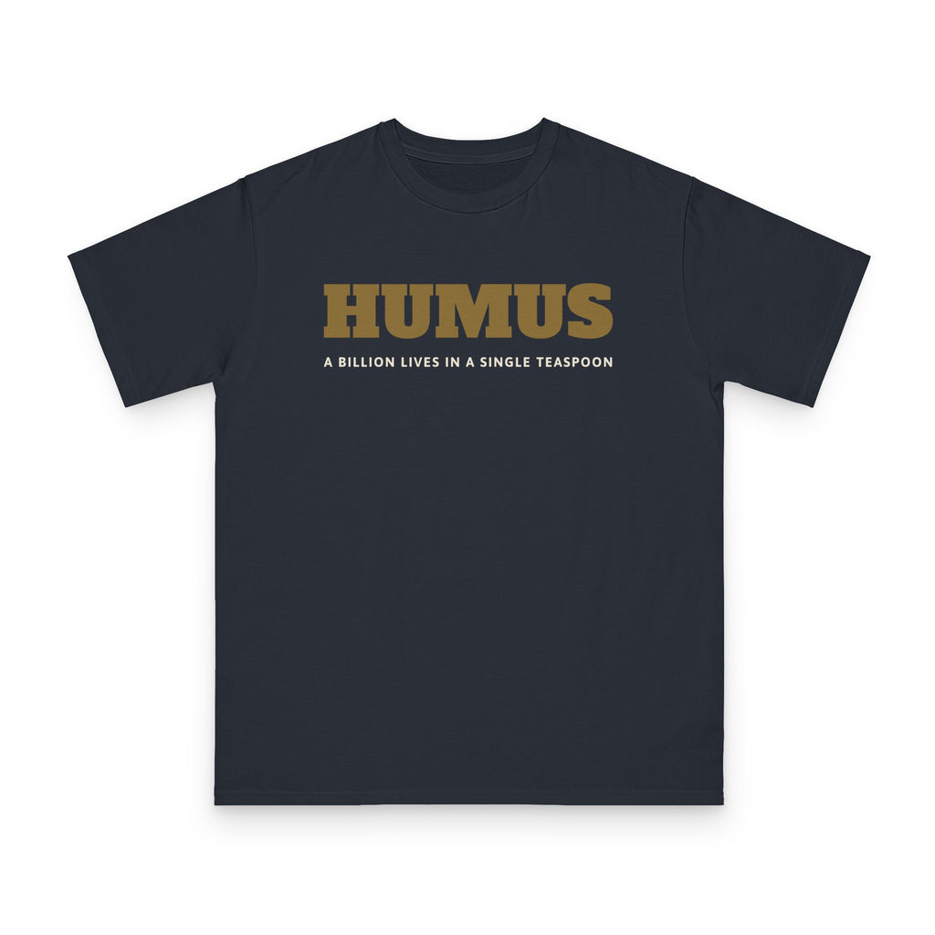 Humus Microbiology design on navy organic cotton t-shirt by Emogine — GOTS-certified regenerative agriculture apparel