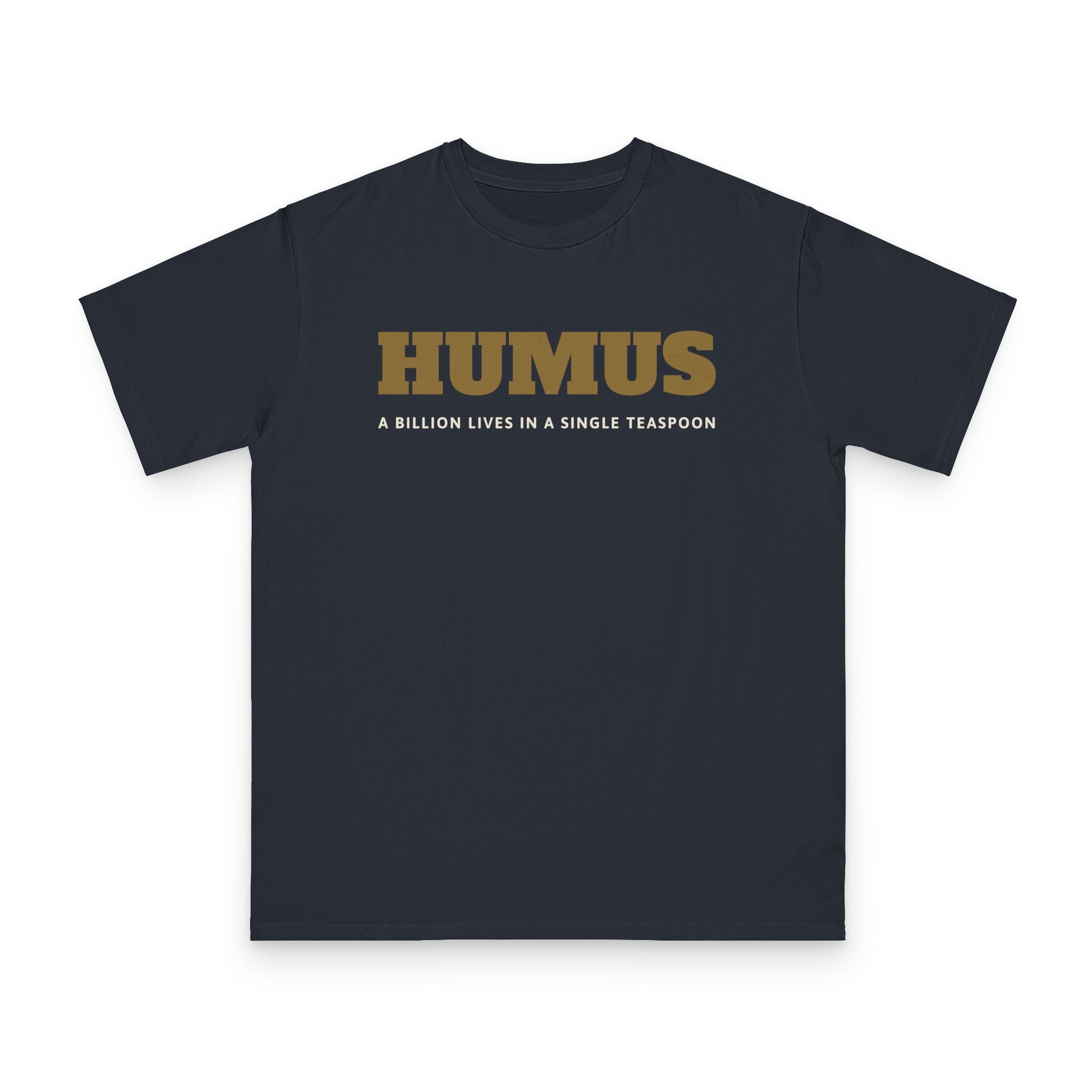 Humus Microbiology design on navy organic cotton t-shirt by Emogine — GOTS-certified regenerative agriculture apparel