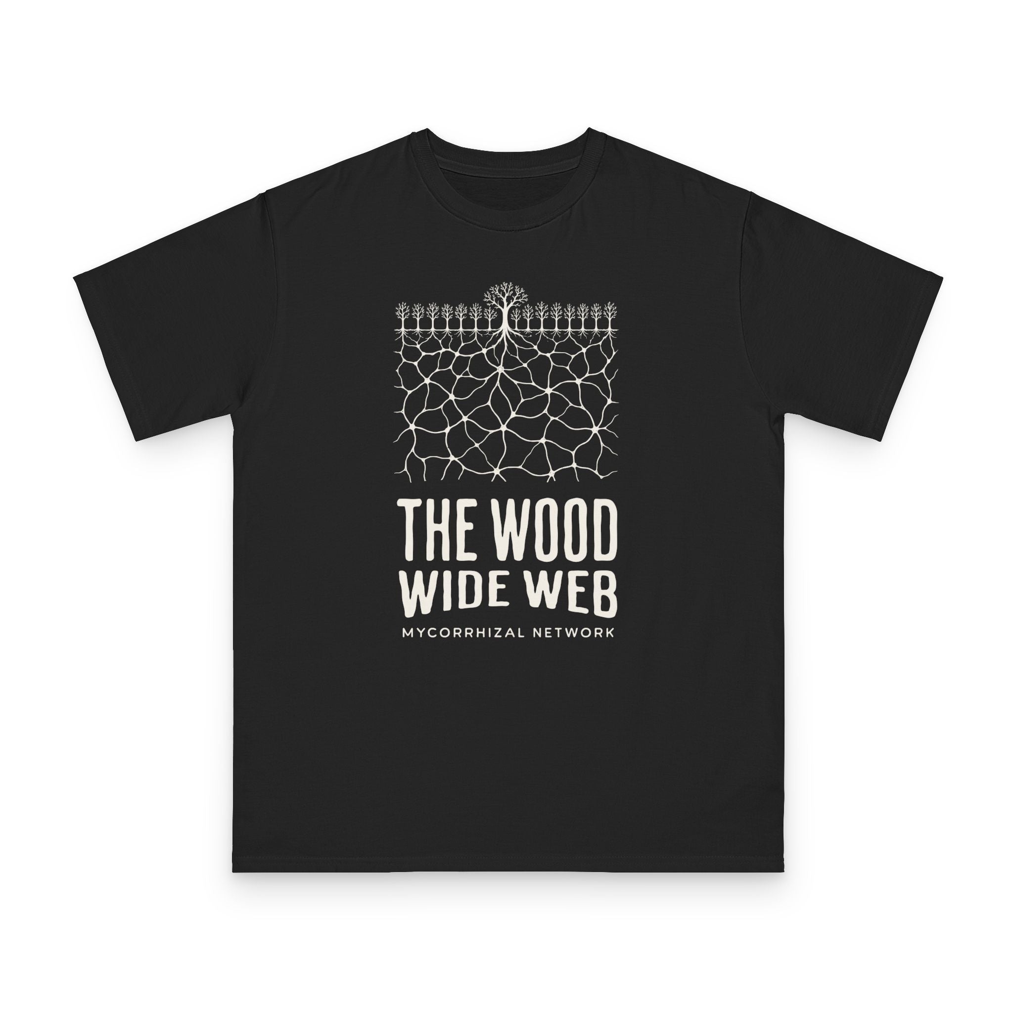 Mycorrhizal Network design on black organic cotton t-shirt by Emogine — GOTS-certified regenerative agriculture apparel