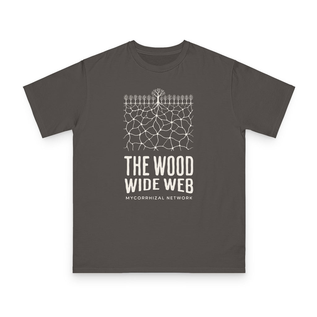 Mycorrhizal Network design on grey organic cotton t-shirt by Emogine — GOTS-certified regenerative agriculture apparel