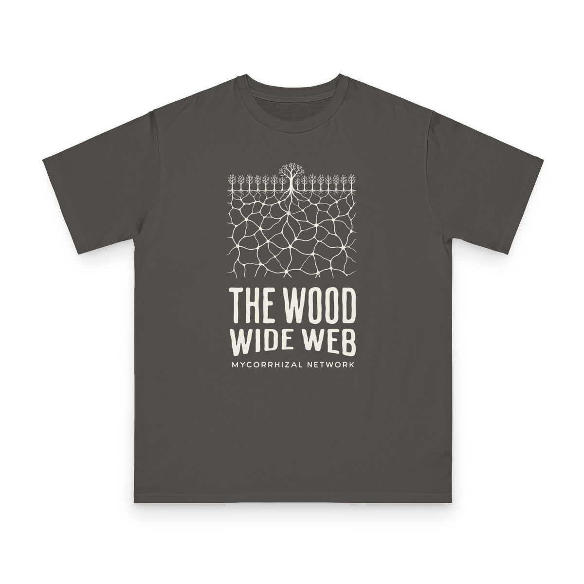 Mycorrhizal Network design on grey organic cotton t-shirt by Emogine — GOTS-certified regenerative agriculture apparel