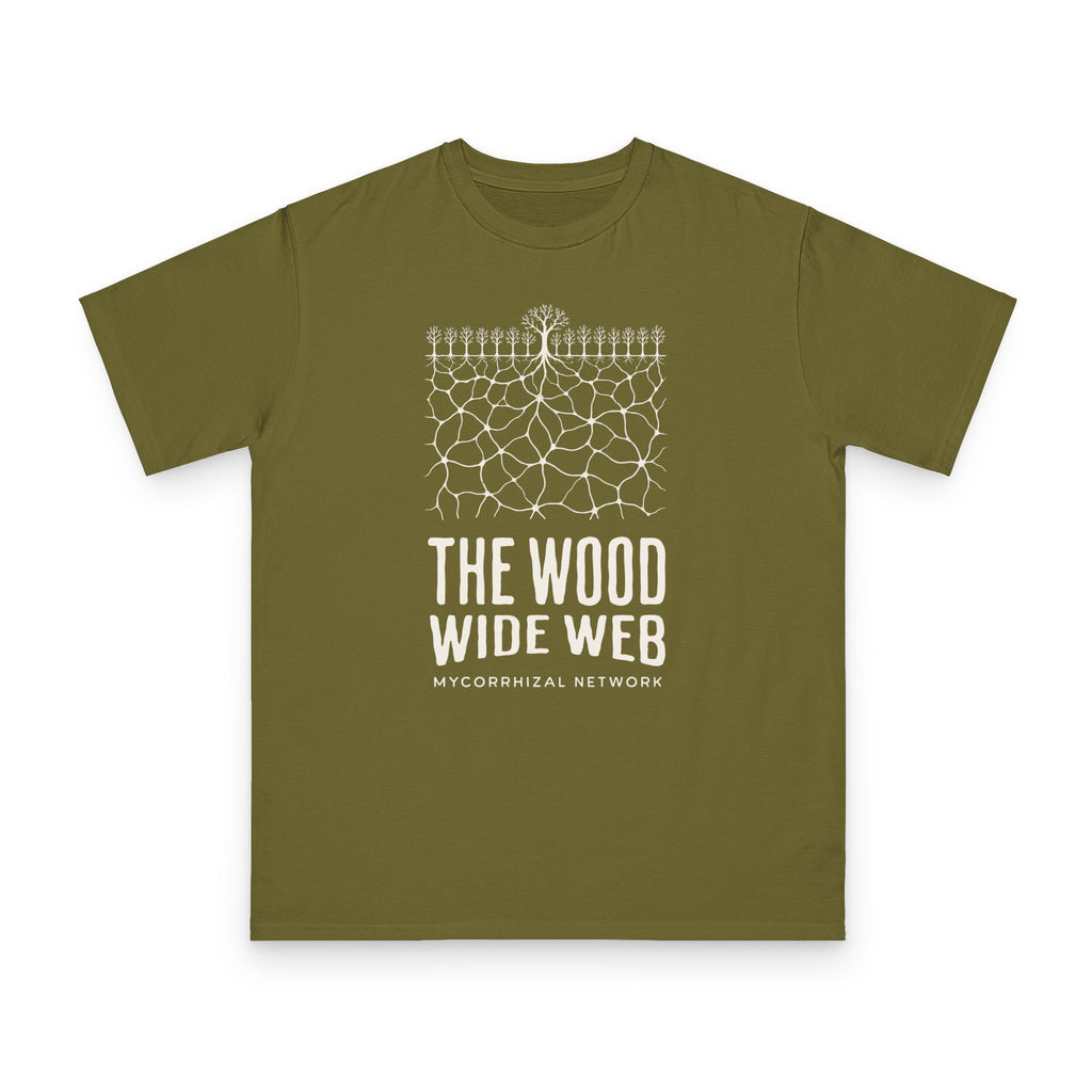 Mycorrhizal Network design on olive organic cotton t-shirt by Emogine — GOTS-certified regenerative agriculture apparel