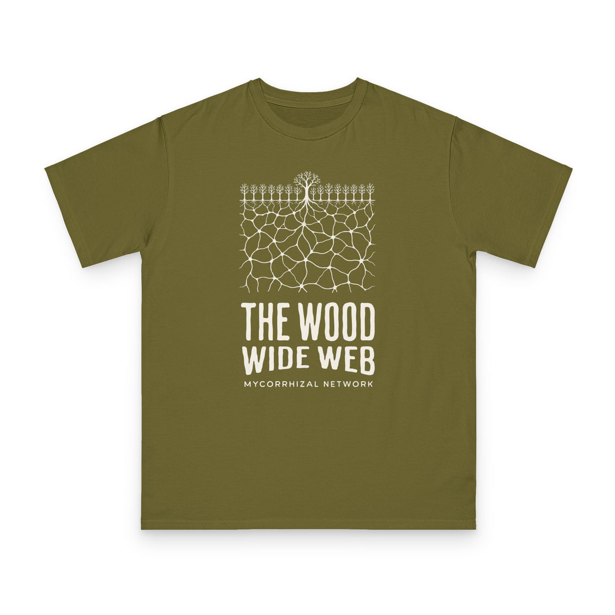 Mycorrhizal Network design on olive organic cotton t-shirt by Emogine — GOTS-certified regenerative agriculture apparel