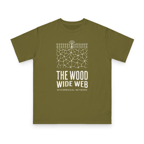 Mycorrhizal Network design on olive organic cotton t-shirt by Emogine — GOTS-certified regenerative agriculture apparel
