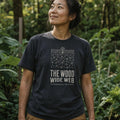 Mycorrhizal Network organic cotton t-shirt worn by woman in a biodiverse permaculture garden