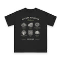 Design Patterns of Permaculture on black organic cotton t-shirt by Emogine — GOTS-certified regenerative agriculture apparel