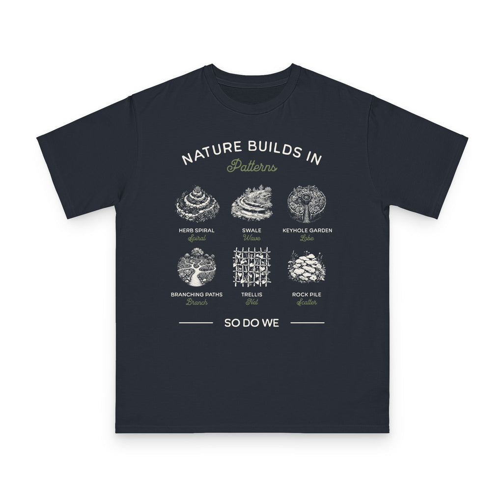 Nature Builds in Patterns — permaculture design on navy organic cotton t-shirt by Emogine — GOTS-certified regenerative agriculture apparel