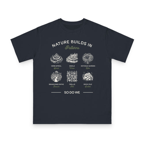Nature Builds in Patterns — permaculture design on navy organic cotton t-shirt by Emogine — GOTS-certified regenerative agriculture apparel