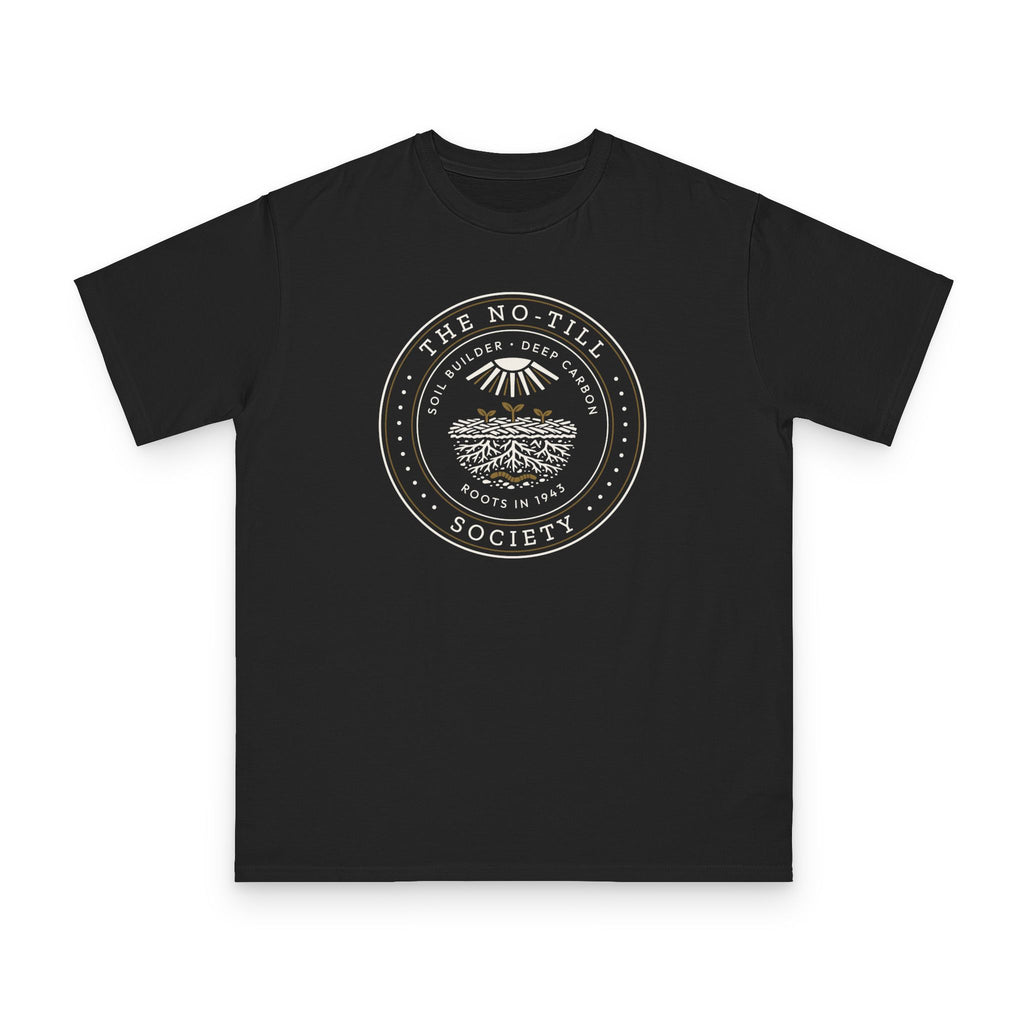 No-Till Society design on black organic cotton t-shirt by Emogine — GOTS-certified regenerative agriculture apparel