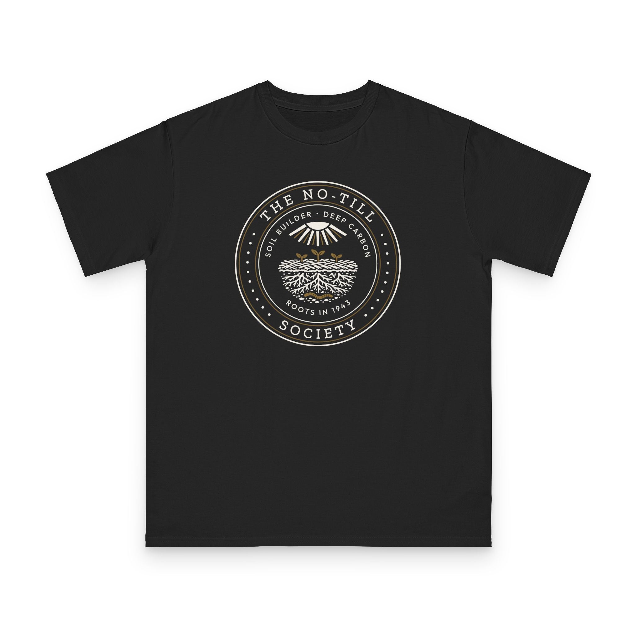 No-Till Society design on black organic cotton t-shirt by Emogine — GOTS-certified regenerative agriculture apparel