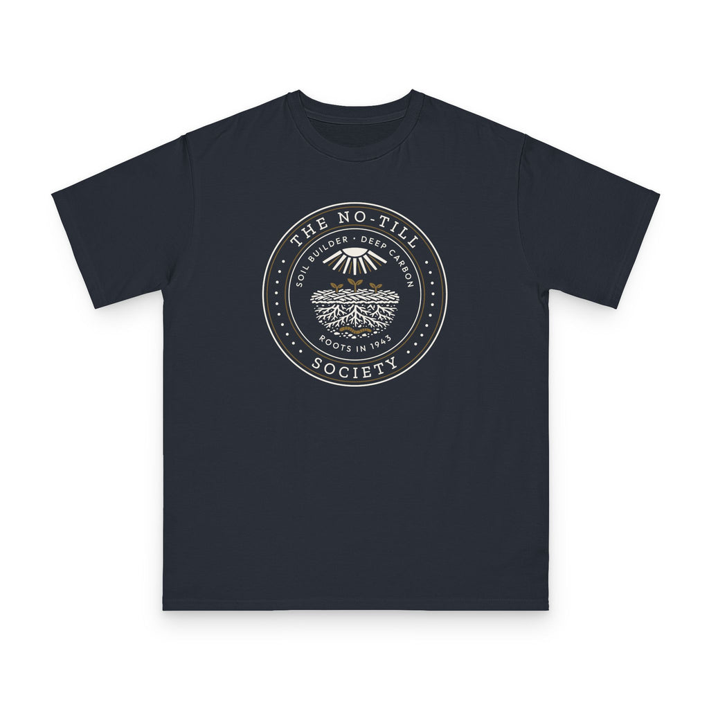 No-Till Society design on navy organic cotton t-shirt by Emogine — GOTS-certified regenerative agriculture apparel