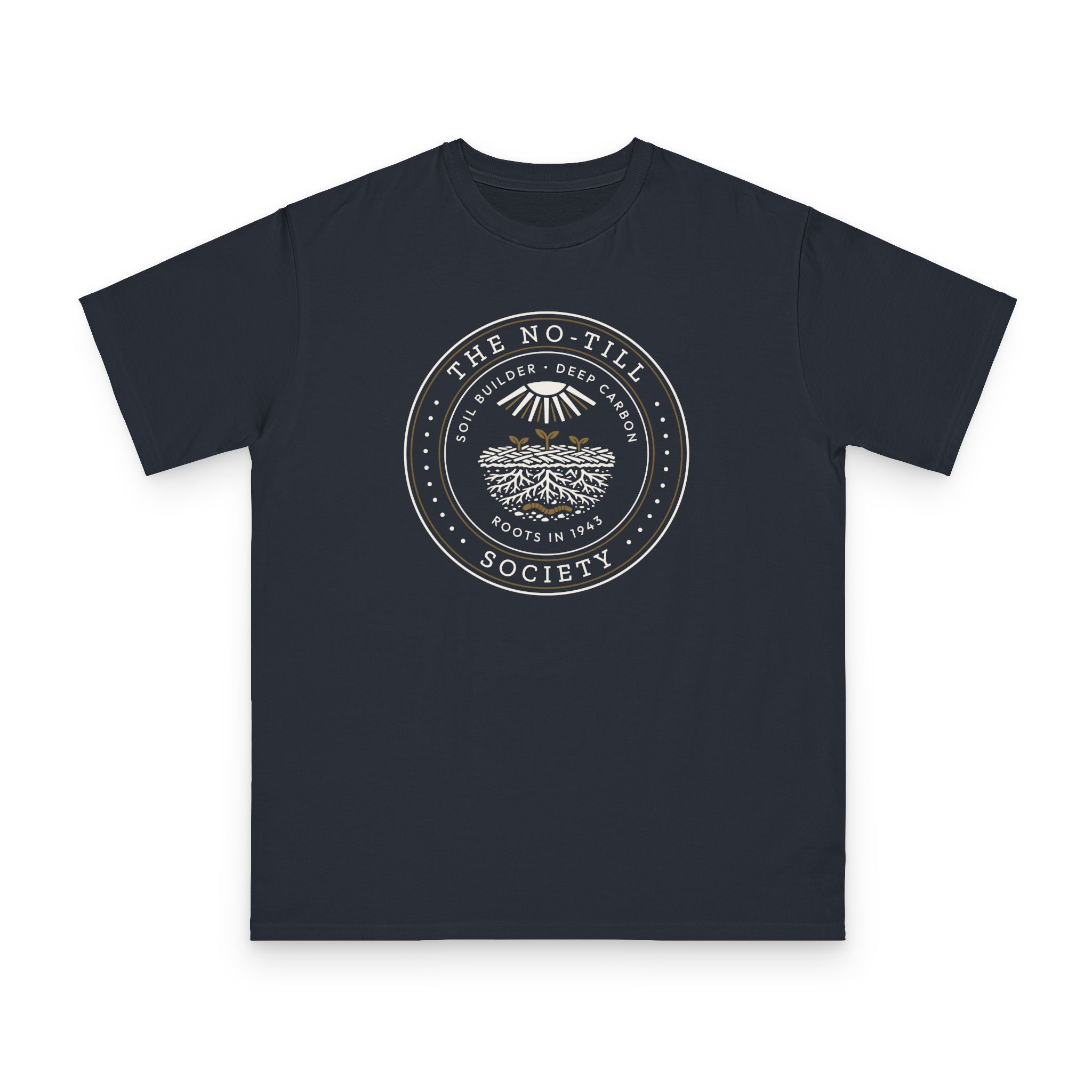 No-Till Society design on navy organic cotton t-shirt by Emogine — GOTS-certified regenerative agriculture apparel