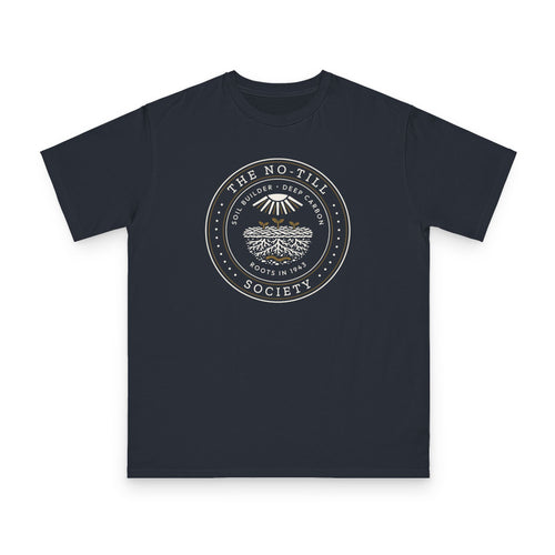 No-Till Society design on navy organic cotton t-shirt by Emogine — GOTS-certified regenerative agriculture apparel