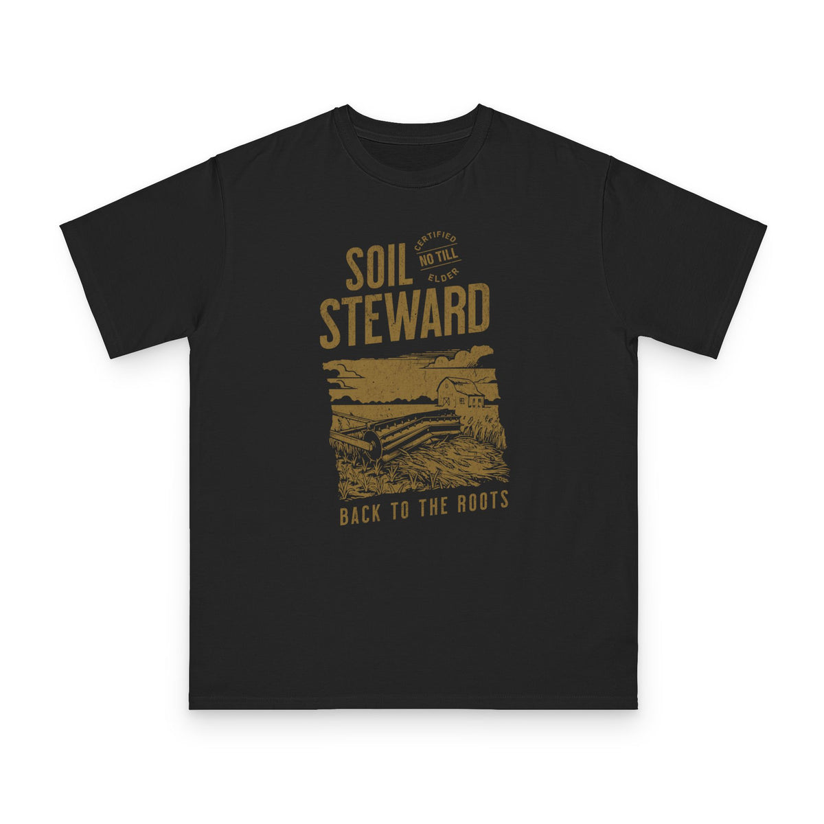 No Till Elder, Soil Steward design on black organic cotton t-shirt by Emogine — GOTS-certified regenerative agriculture apparel