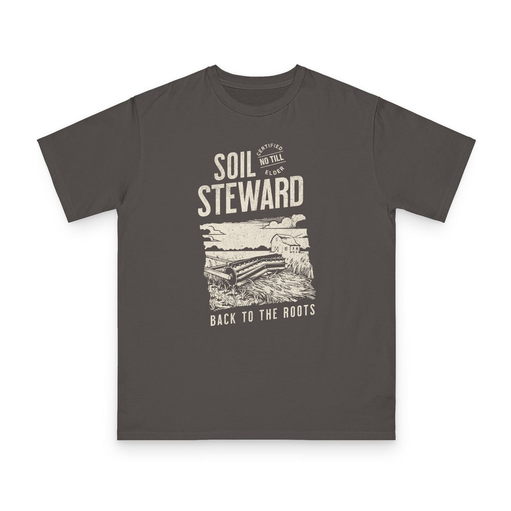 No Till Elder, Soil Steward design on grey organic cotton t-shirt by Emogine — GOTS-certified regenerative agriculture apparel