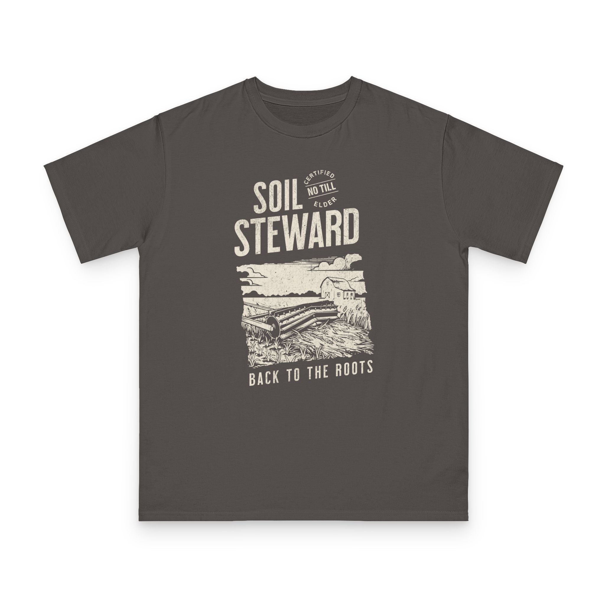 No Till Elder, Soil Steward design on grey organic cotton t-shirt by Emogine — GOTS-certified regenerative agriculture apparel