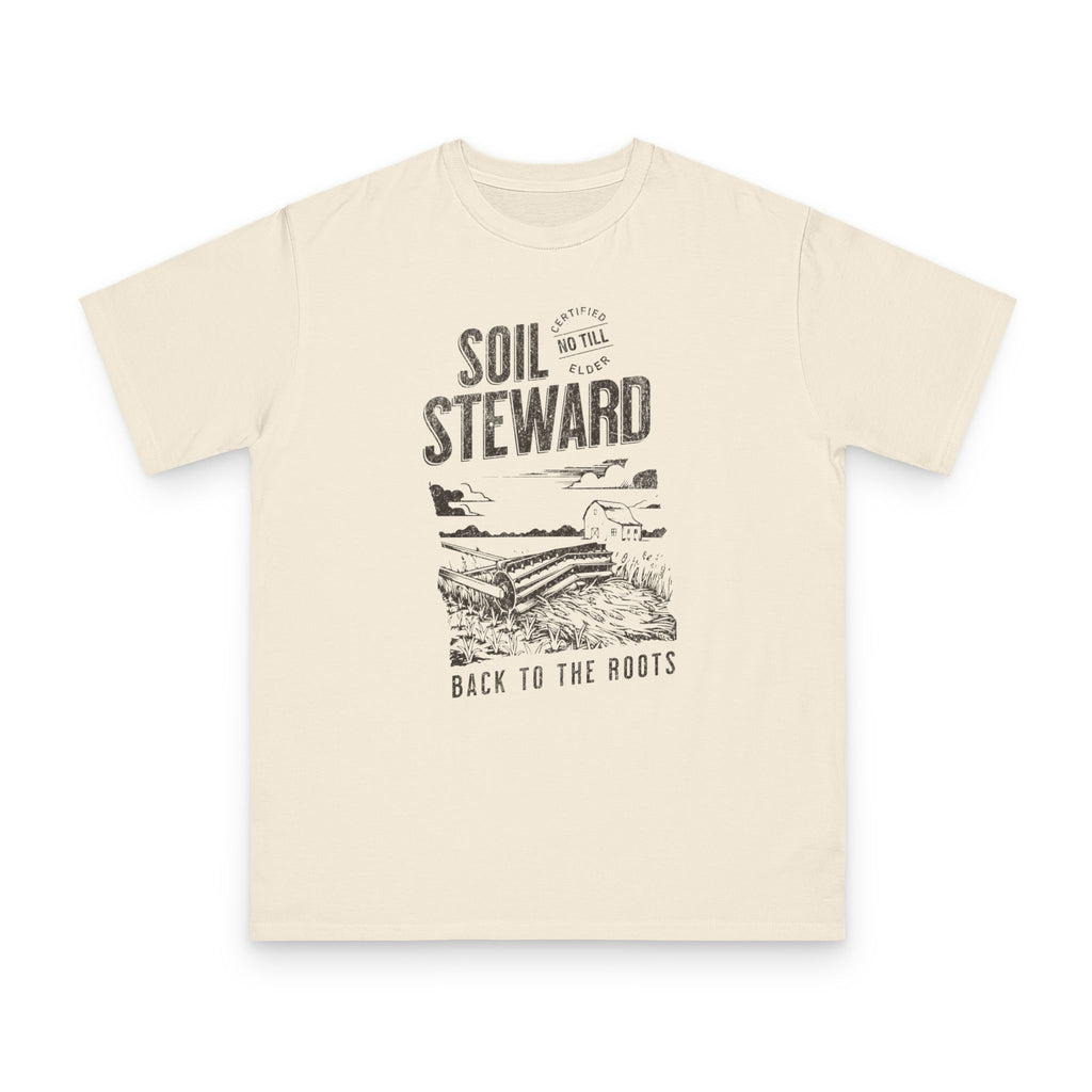 No Till Elder, Soil Steward, vintage design on natural organic cotton t-shirt by Emogine — GOTS-certified regenerative agriculture apparel