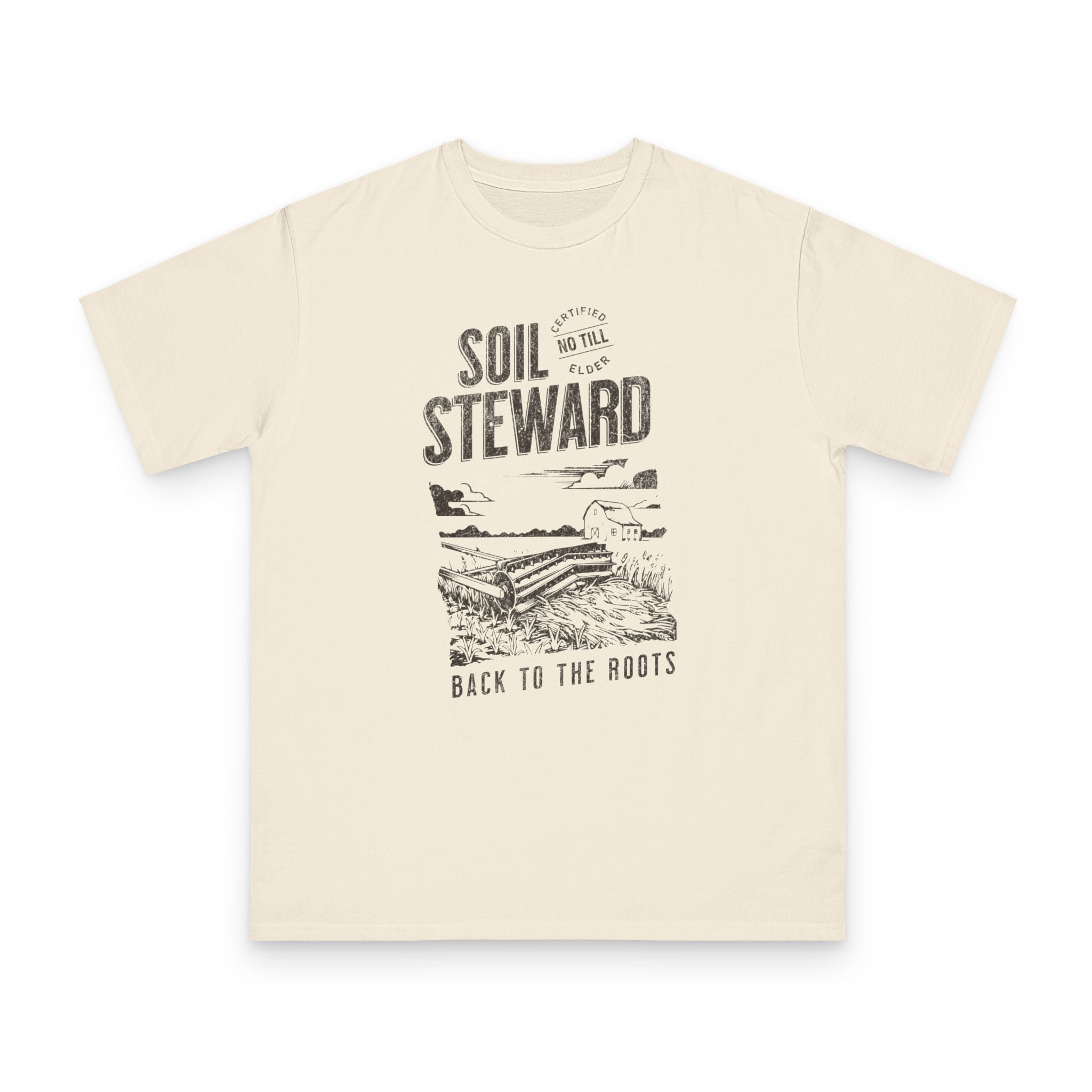 No Till Elder, Soil Steward, vintage design on natural organic cotton t-shirt by Emogine — GOTS-certified regenerative agriculture apparel
