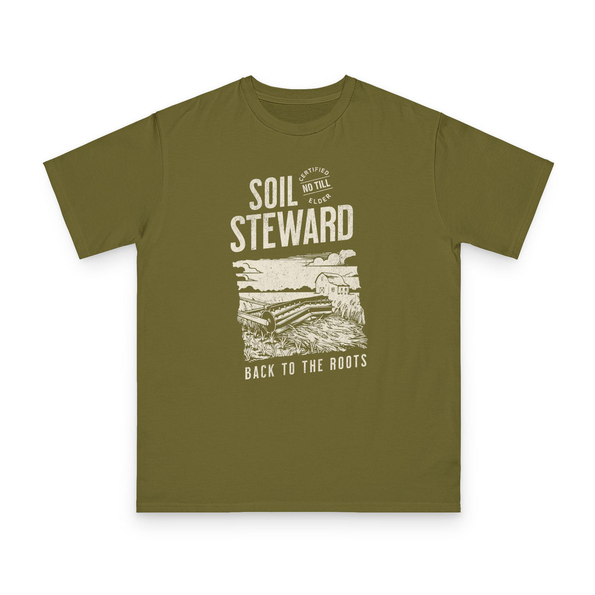 No Till Elder, Soil Steward design on olive organic cotton t-shirt by Emogine — GOTS-certified regenerative agriculture apparel