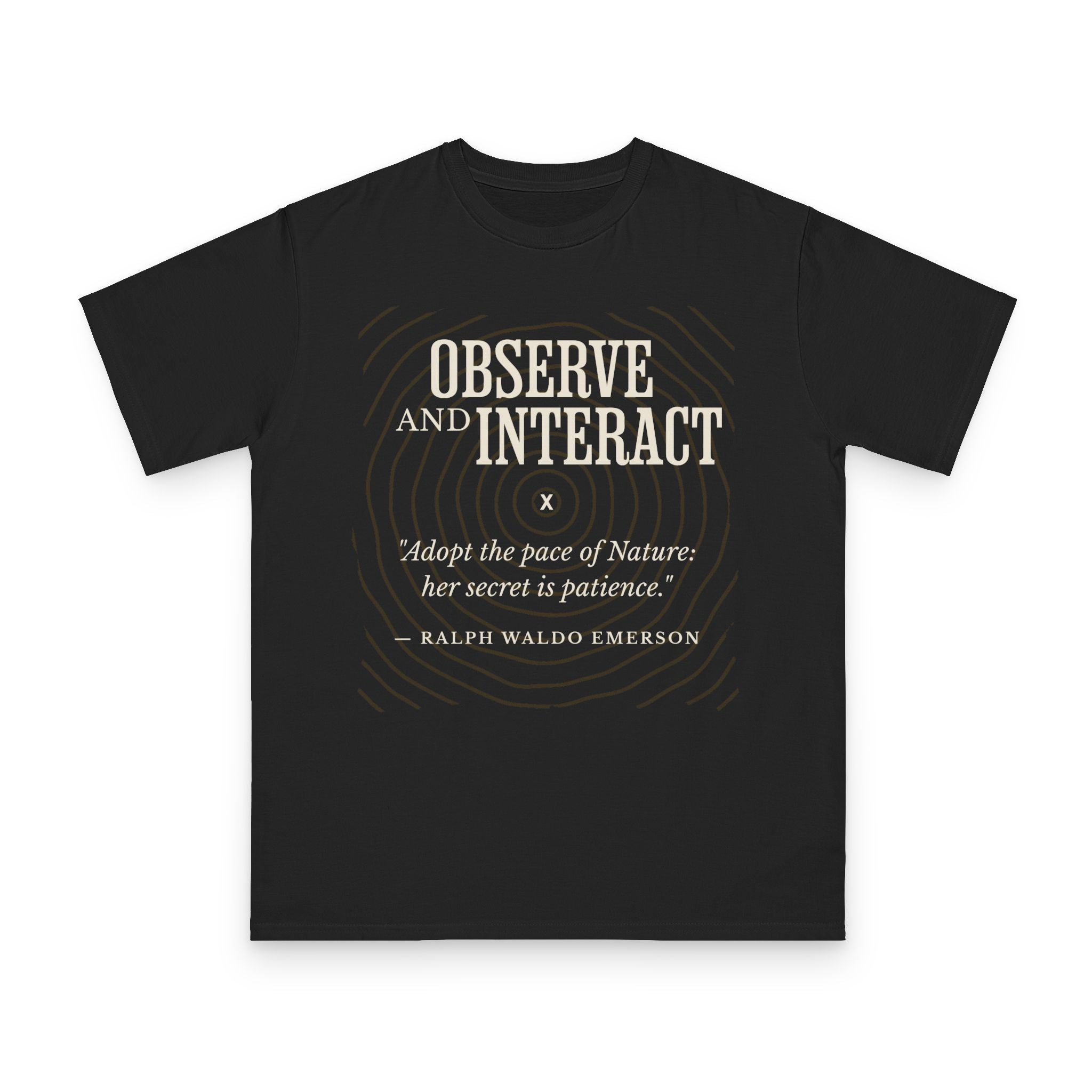 Observe and Interact design on black organic cotton t-shirt by Emogine — GOTS-certified regenerative agriculture apparel