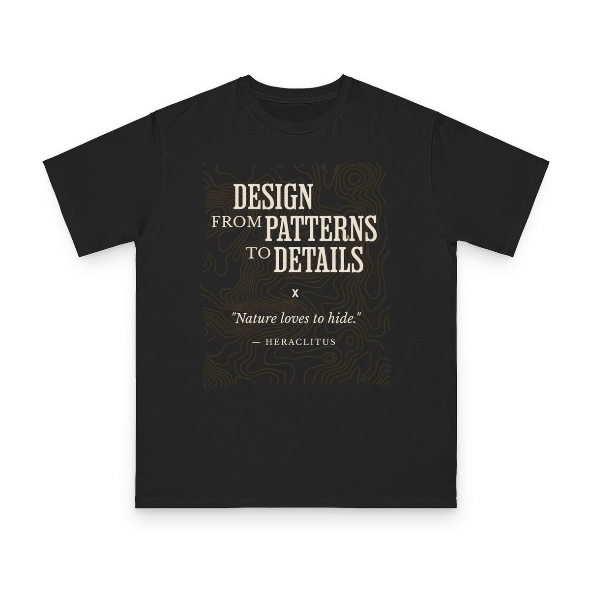 Patterns to Details design on black organic cotton t-shirt by Emogine — GOTS-certified regenerative agriculture apparel