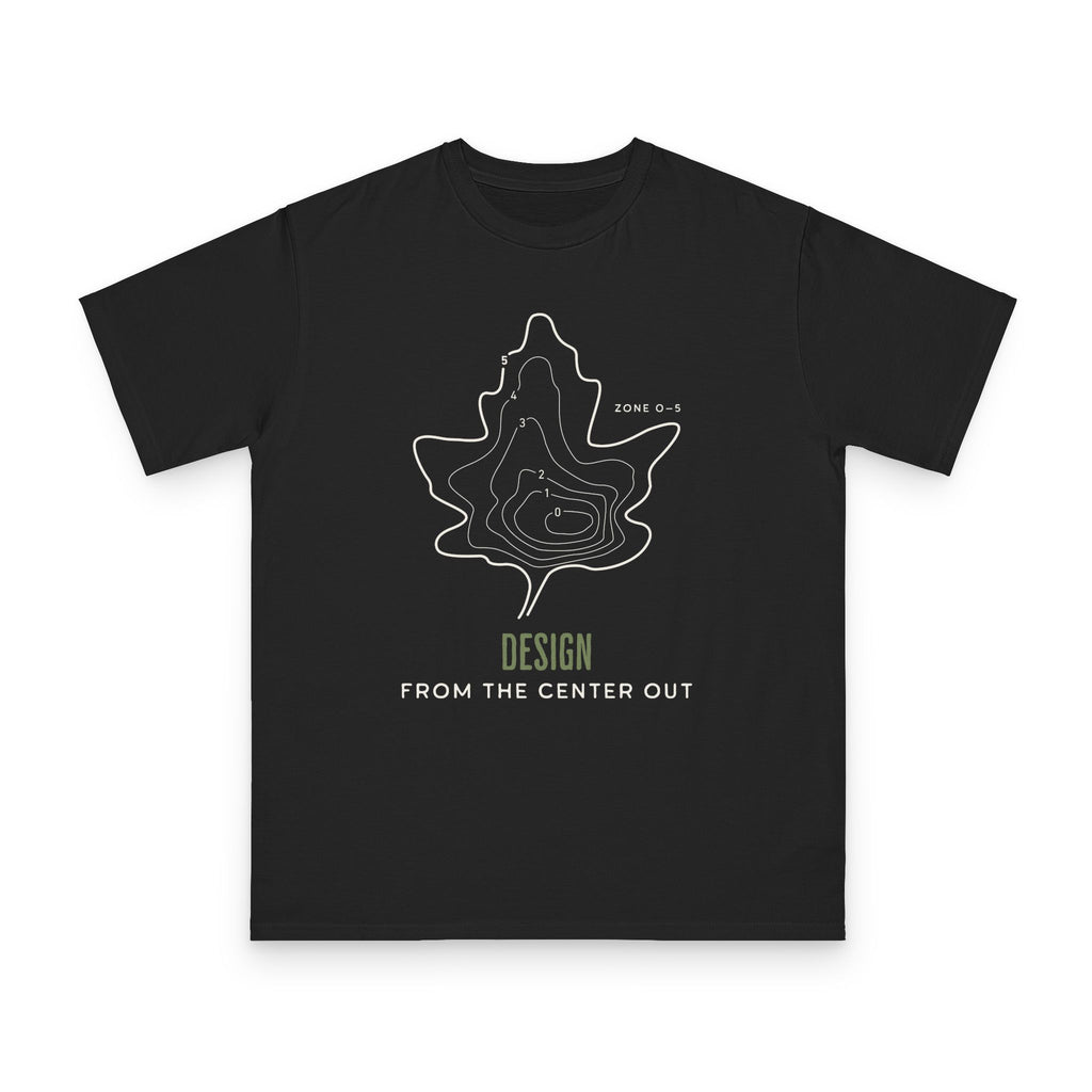 Center Out design on black organic cotton t-shirt by Emogine — GOTS-certified regenerative agriculture apparel