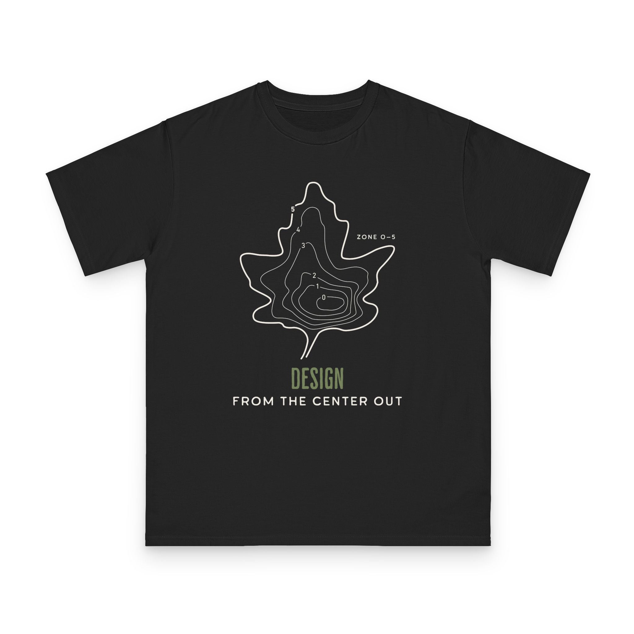 Center Out design on black organic cotton t-shirt by Emogine — GOTS-certified regenerative agriculture apparel
