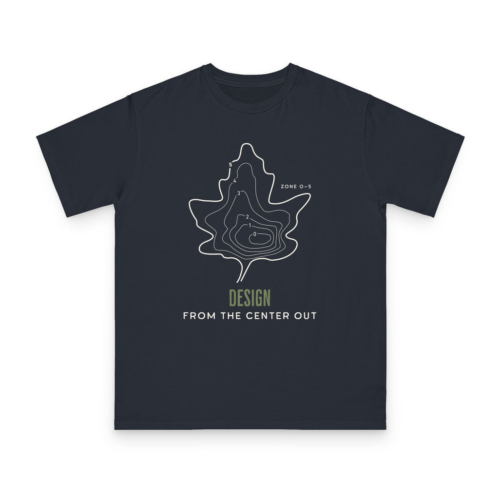 Center Out design on navy, organic cotton t-shirt by Emogine — GOTS-certified regenerative agriculture apparel