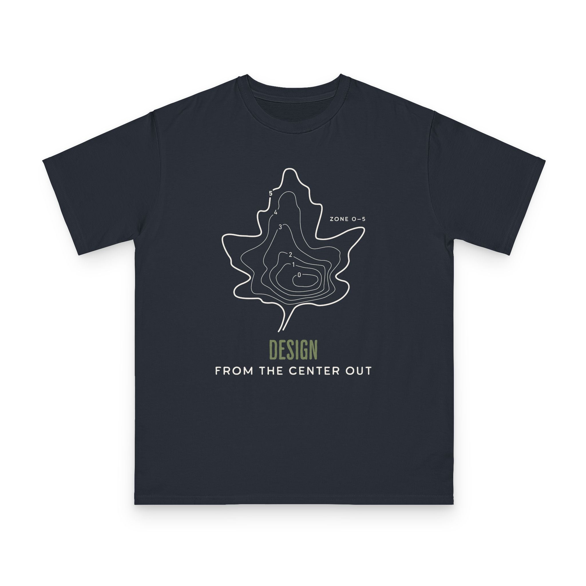 Center Out design on navy, organic cotton t-shirt by Emogine — GOTS-certified regenerative agriculture apparel