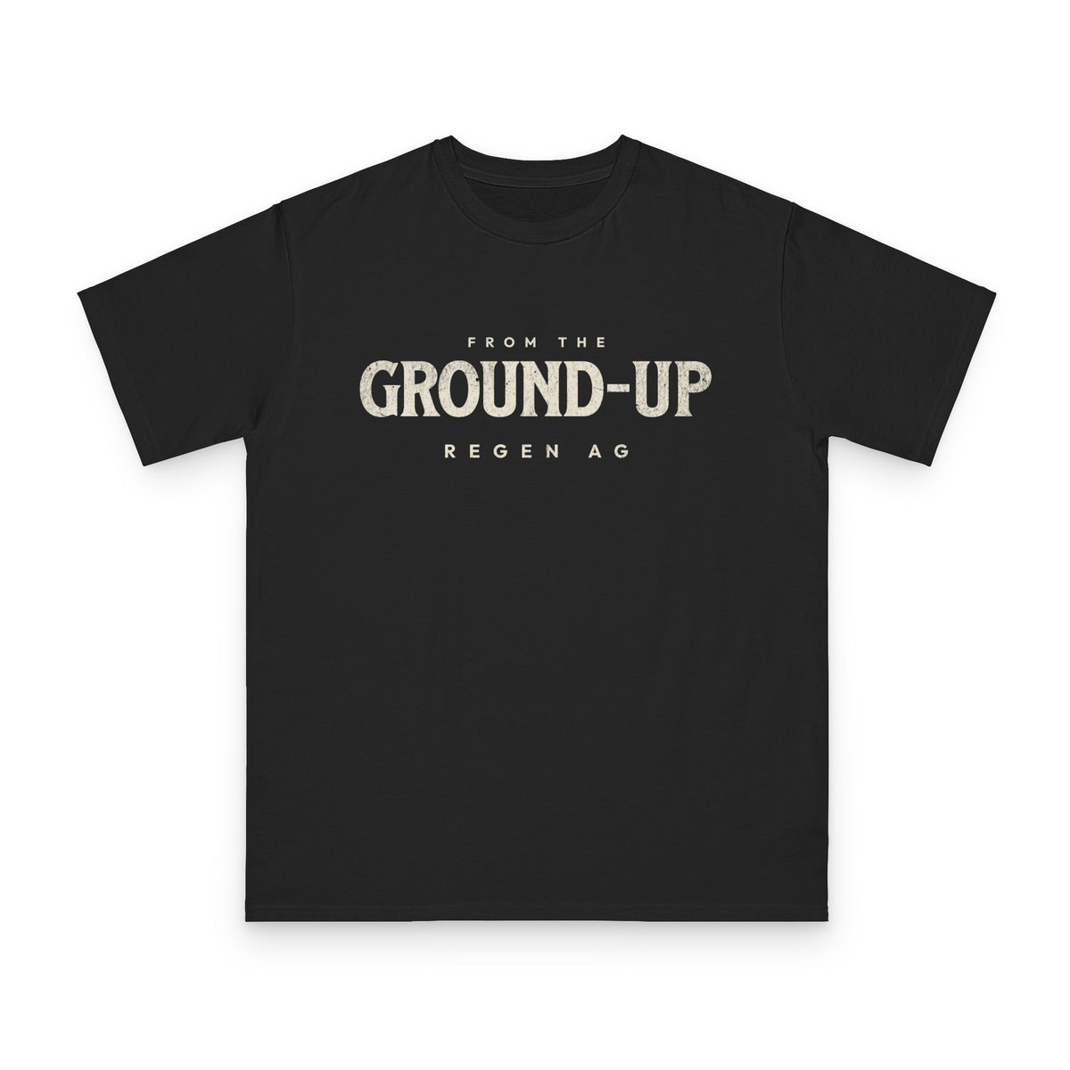 Regenerative Agriculture design on black organic cotton t-shirt by Emogine — GOTS-certified regenerative agriculture apparel