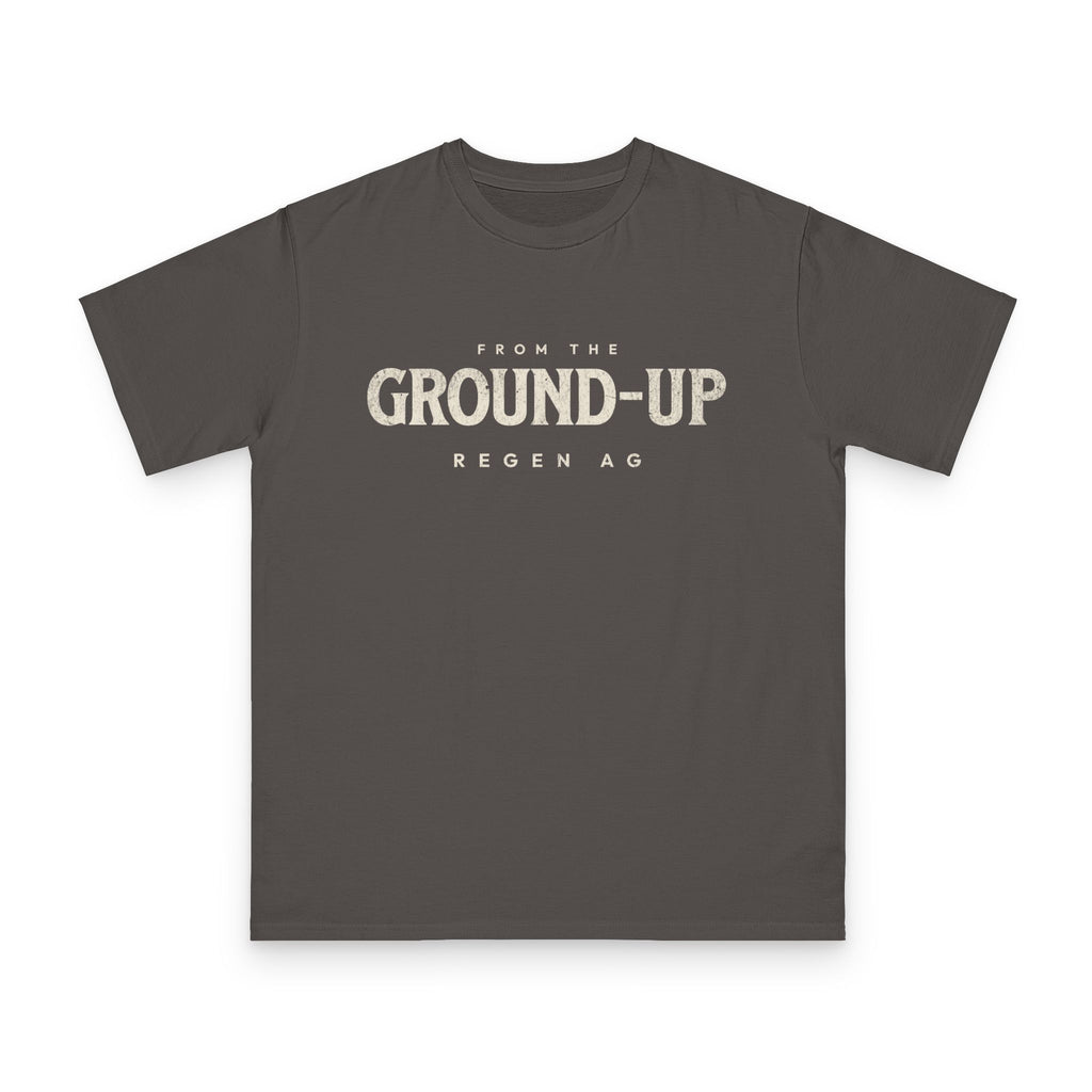 Regenerative Agriculture design on grey organic cotton t-shirt by Emogine — GOTS-certified regenerative agriculture apparel
