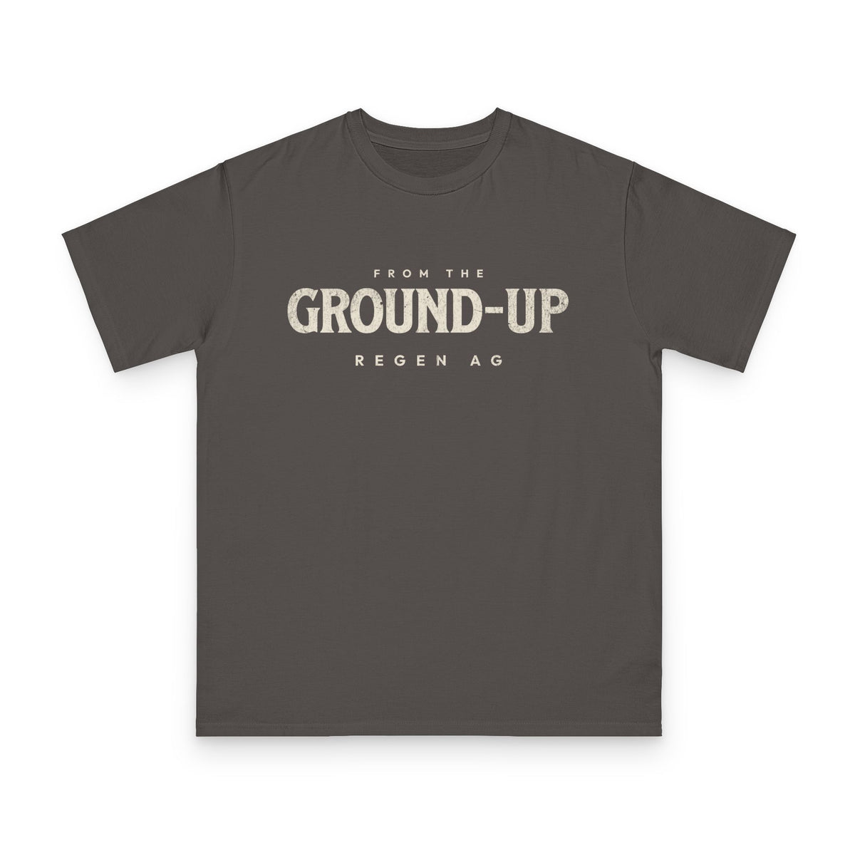 Regenerative Agriculture design on grey organic cotton t-shirt by Emogine — GOTS-certified regenerative agriculture apparel