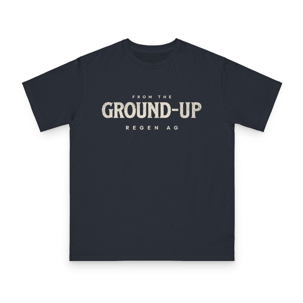 Regenerative Agriculture design on navy organic cotton t-shirt by Emogine — GOTS-certified regenerative agriculture apparel