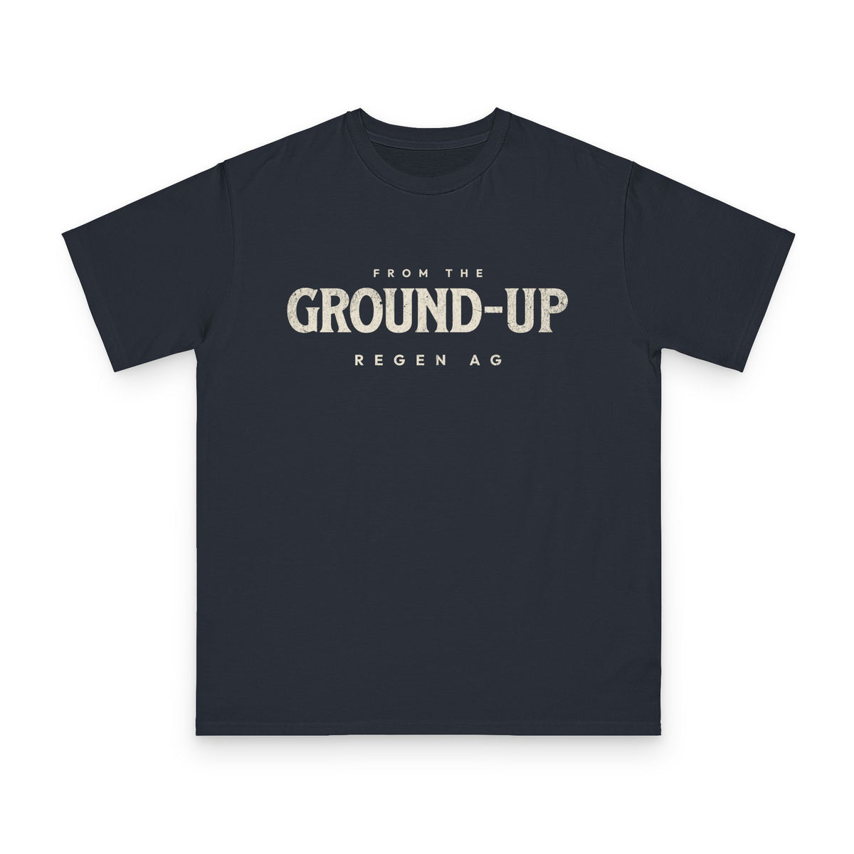 Regenerative Agriculture design on navy organic cotton t-shirt by Emogine — GOTS-certified regenerative agriculture apparel