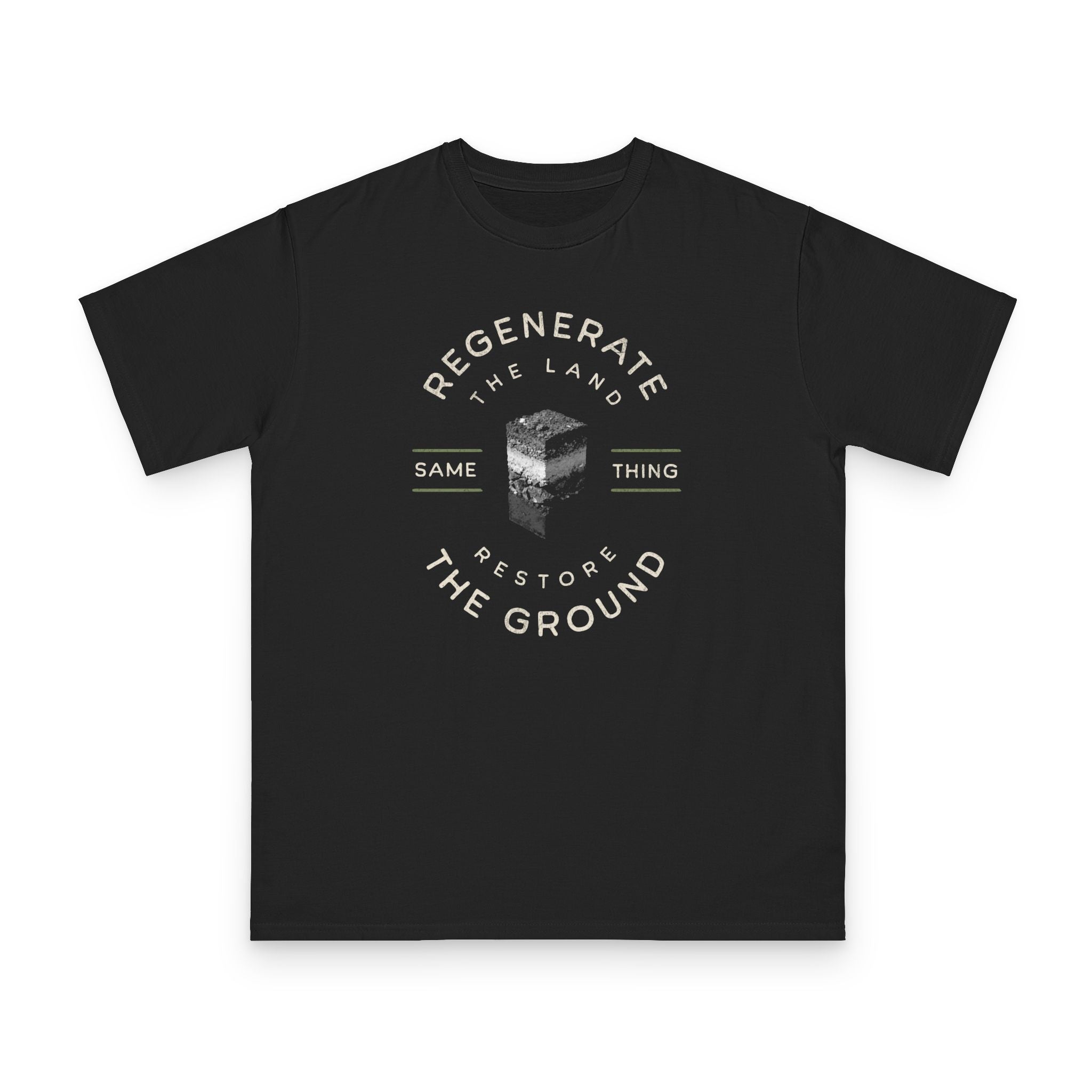 Restore the Ground design on black organic cotton t-shirt by Emogine — GOTS-certified regenerative agriculture apparel