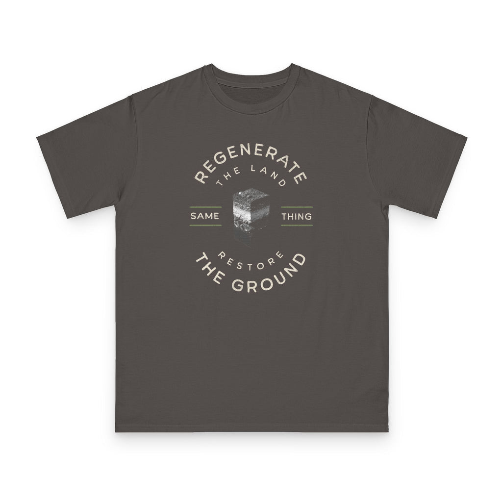Restore the Ground design on grey organic cotton t-shirt by Emogine — GOTS-certified regenerative agriculture apparel