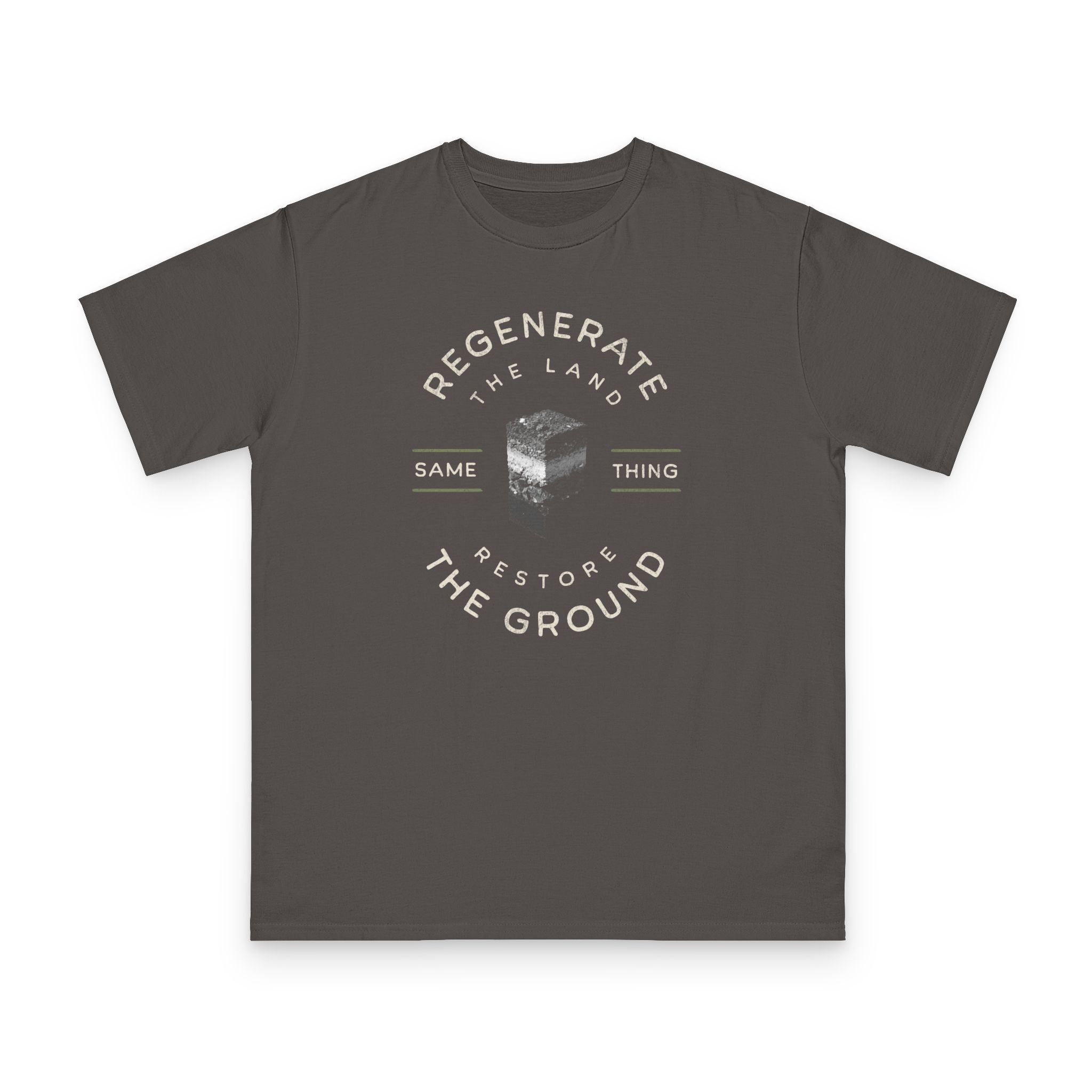 Restore the Ground design on grey organic cotton t-shirt by Emogine — GOTS-certified regenerative agriculture apparel